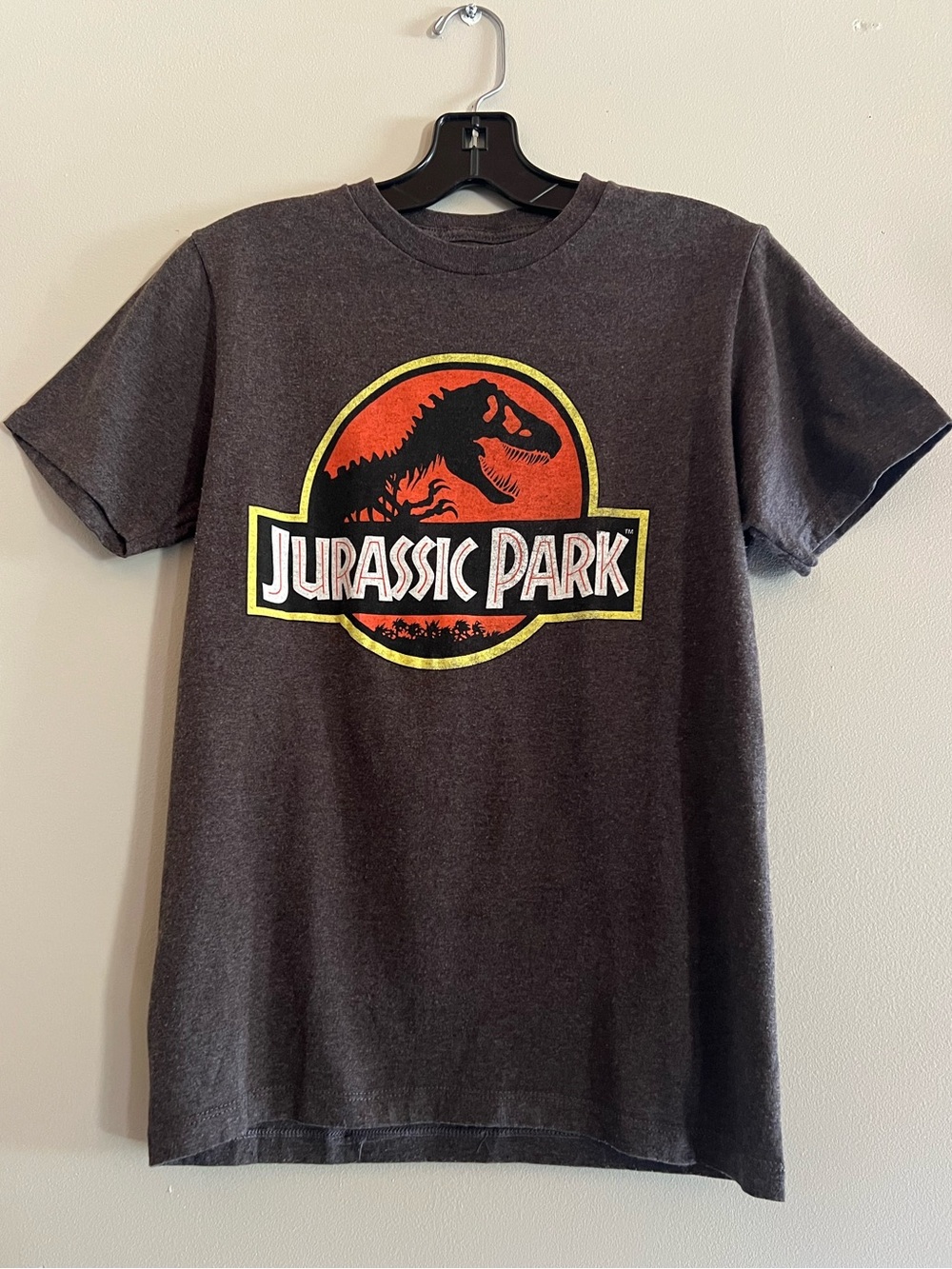 Jurassic Park Logo Graphic T Shirt Men’s XS Charcoal Dinosaur Movie Tee Retro